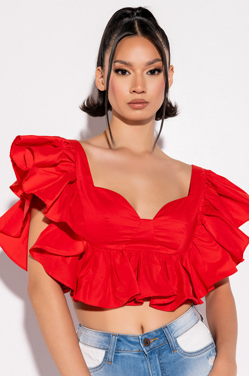 Front View Elated Ruffle Sleeve Cropped Poplin Blouse