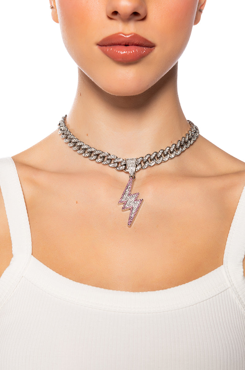 Front View Electric Shock Embellished Chain Necklace