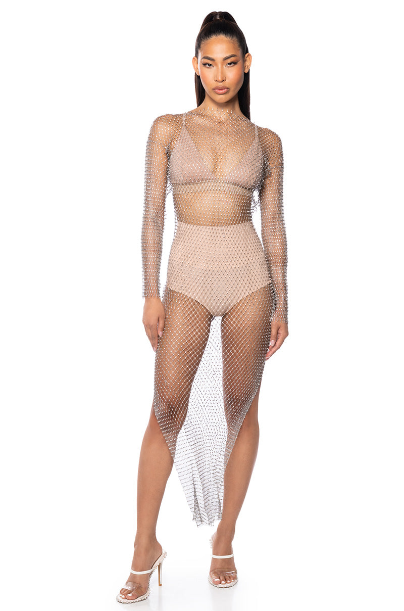Front View Elena Rhinestone Sheer Maxi Dress