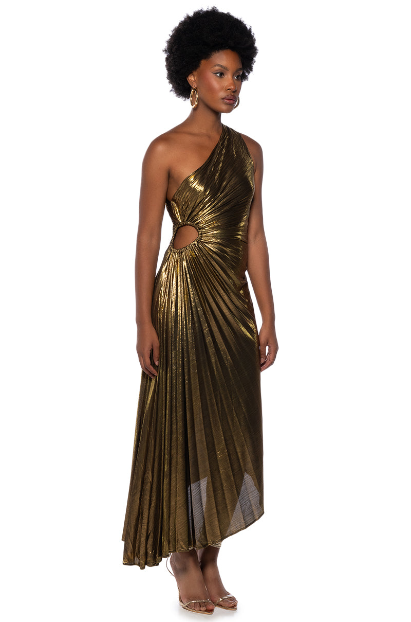 Side View Elevate Me Pleated Cut Out Metallic Midi Dress In Brown