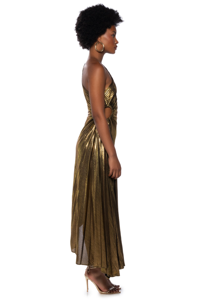 Back View Elevate Me Pleated Cut Out Metallic Midi Dress In Brown