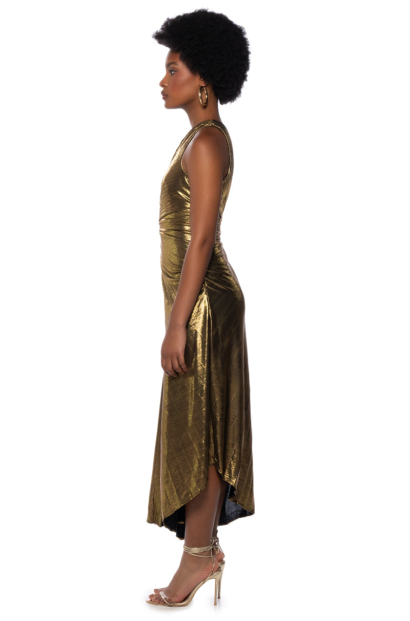 Detail View Elevate Me Pleated Cut Out Metallic Midi Dress In Brown