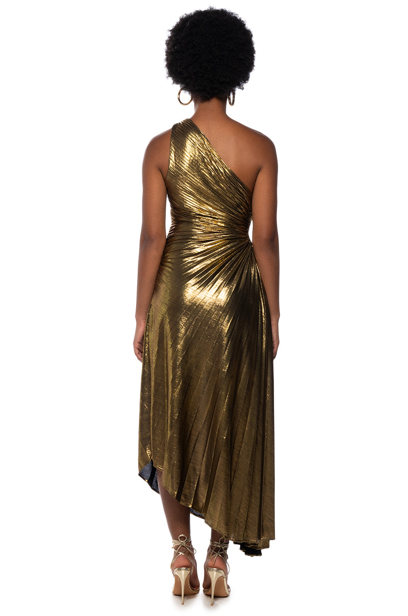 Full View Elevate Me Pleated Cut Out Metallic Midi Dress In Brown
