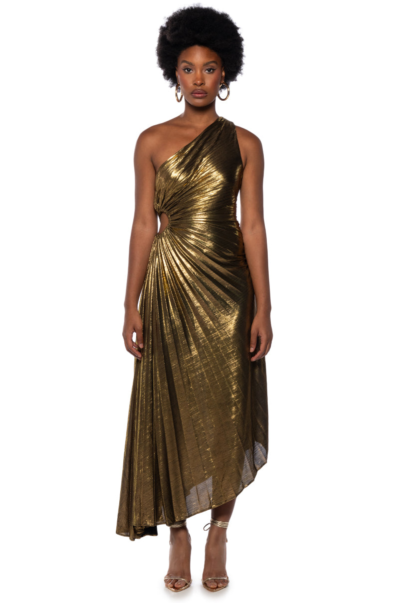 Extra View Elevate Me Pleated Cut Out Metallic Midi Dress In Brown