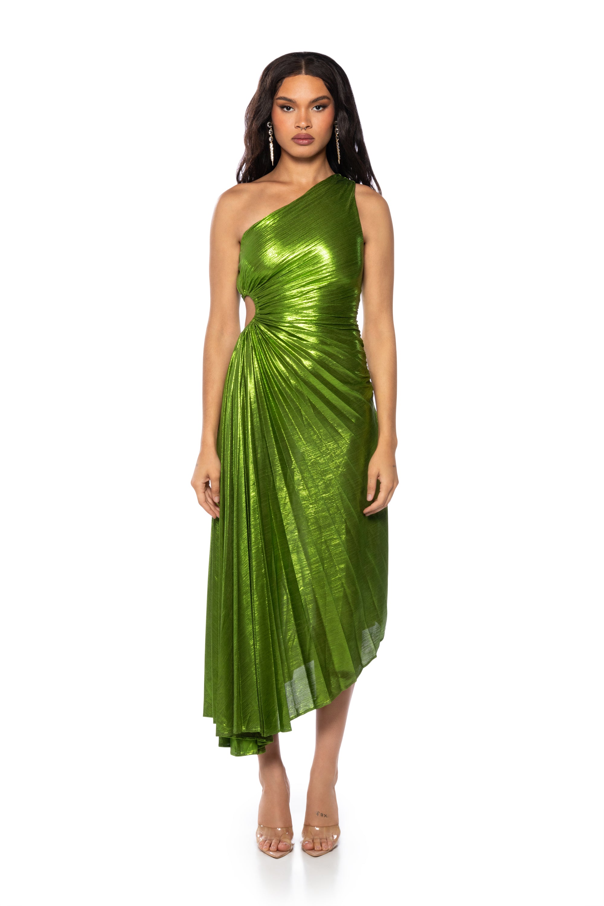 ELEVATE ME PLEATED CUT OUT METALLIC MIDI DRESS AKIRA ELEVATE ME PLEATED CUT OUT METALLIC MIDI DRESS AKIRA