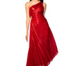 Front View Elevate Me Pleated Cut Out Metallic Midi Dress In Red