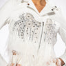 Front View Elevated Elegance Hand Beaded Feather Trim Moto Jacket