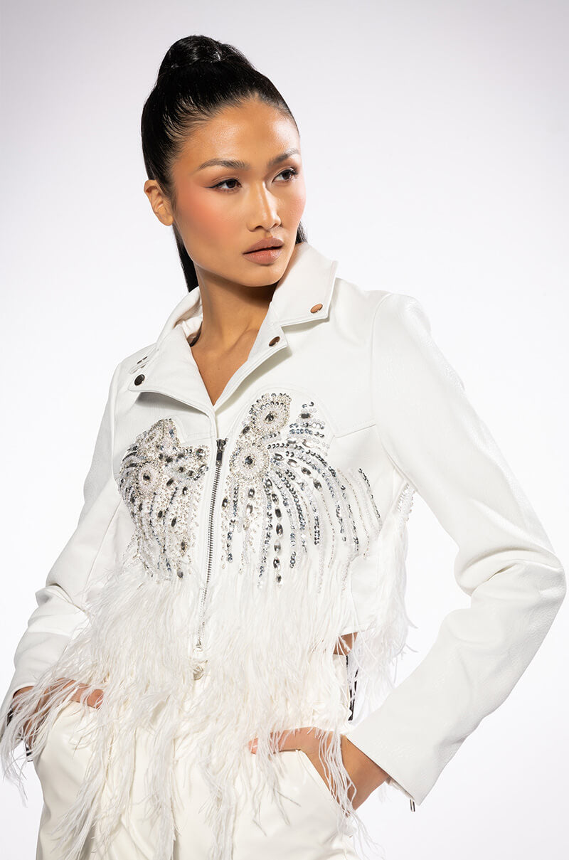 Back View Elevated Elegance Hand Beaded Feather Trim Moto Jacket