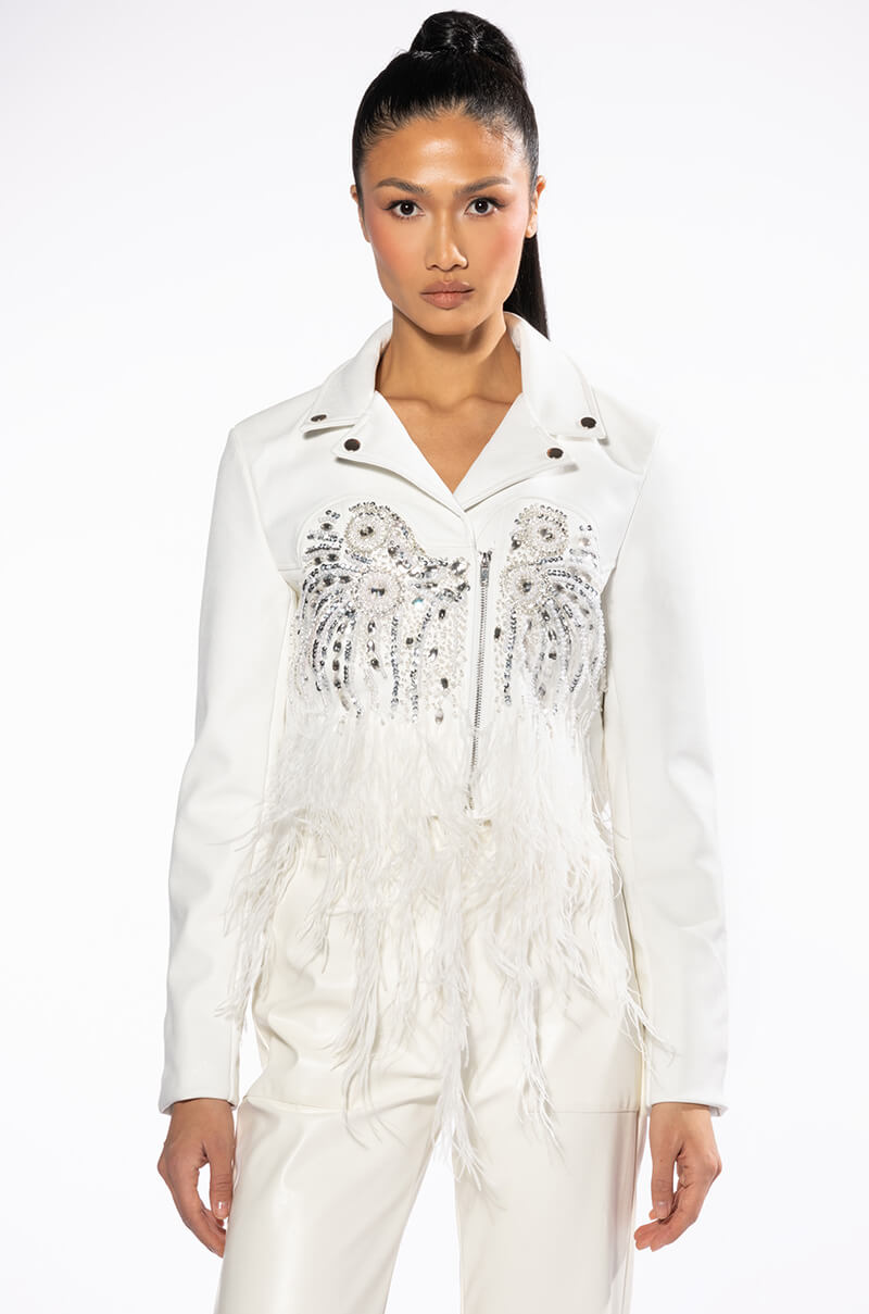 Full View Elevated Elegance Hand Beaded Feather Trim Moto Jacket