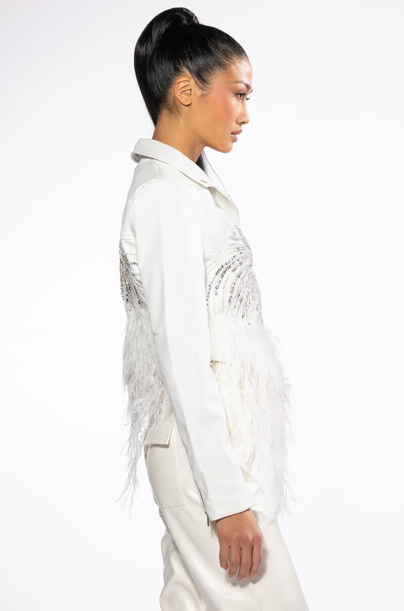 Extra View Elevated Elegance Hand Beaded Feather Trim Moto Jacket