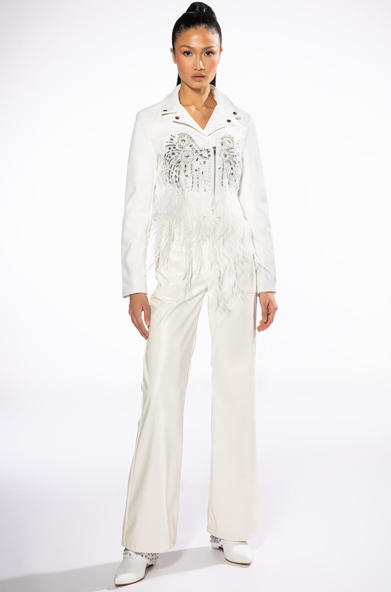 Extra View Elevated Elegance Hand Beaded Feather Trim Moto Jacket