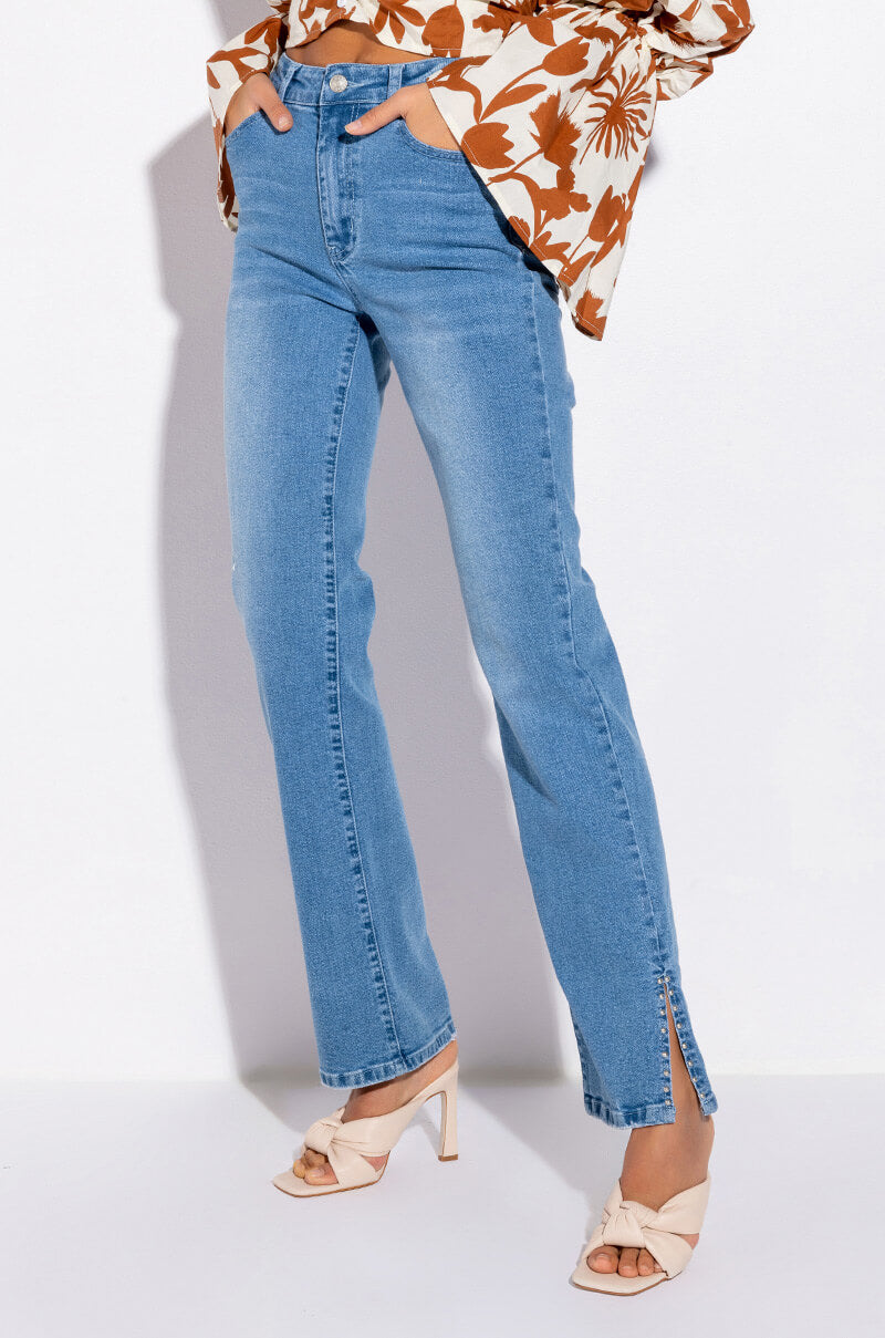 Front View Elevated Mid Rise Stud Slit Straight Jeans