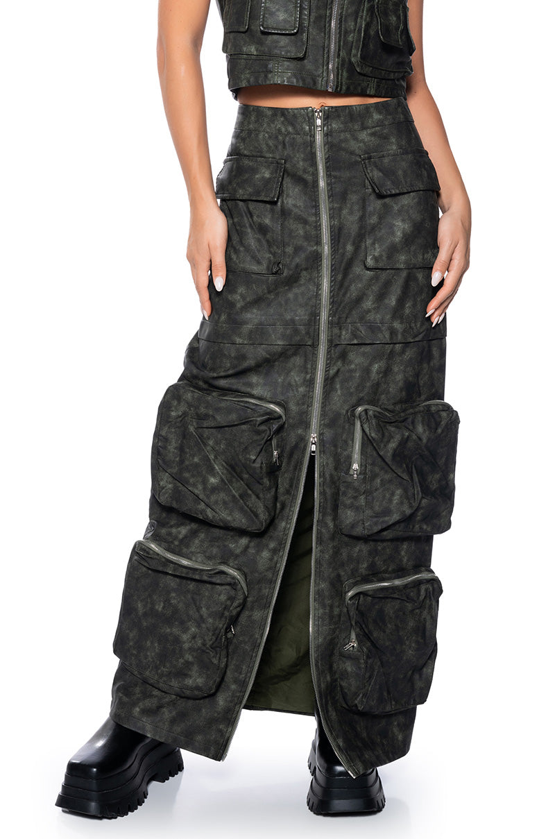 Front View Elisia Distressed Faux Leather Cargo Maxi Skirt