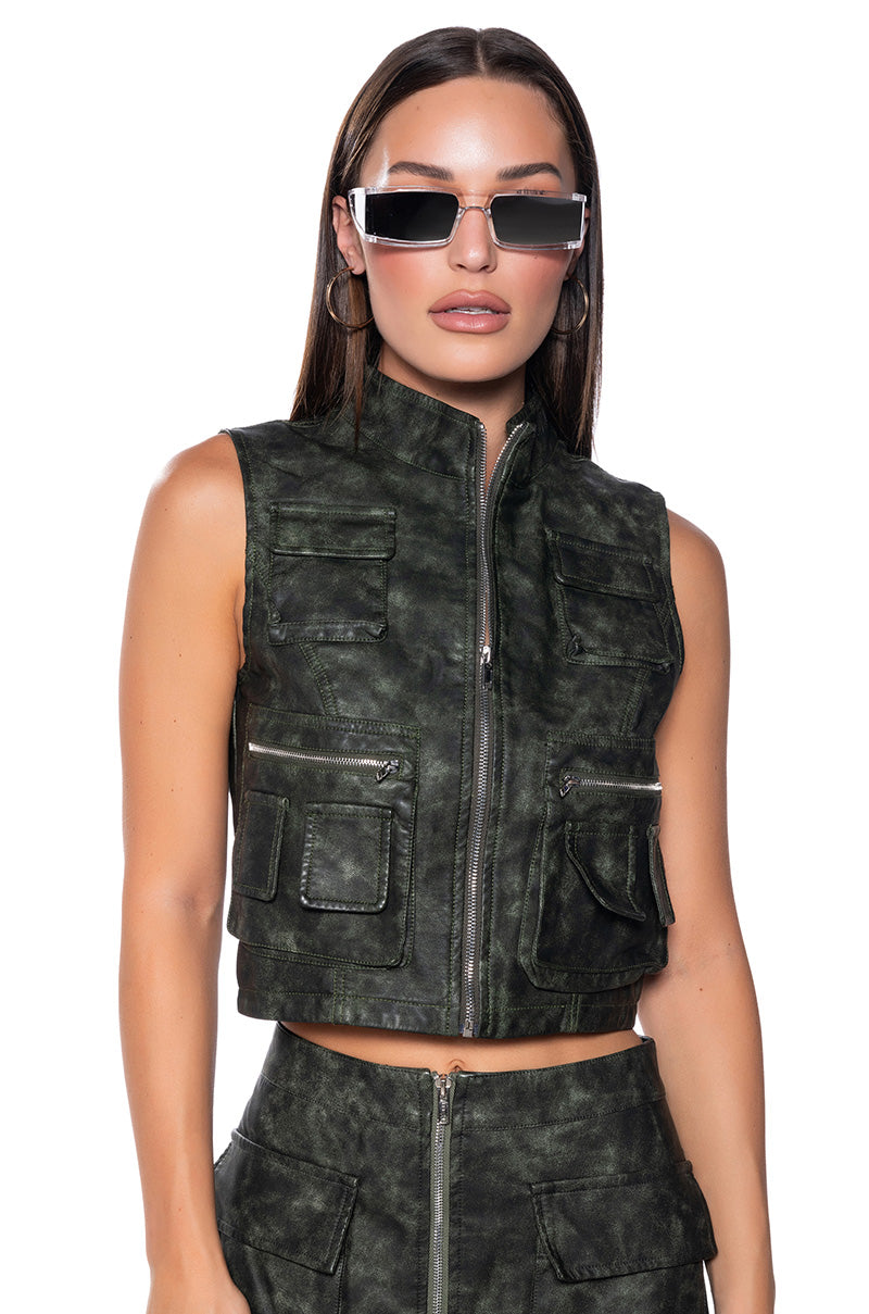 ELISIA DISTRESSED FAUX LEATHER CARGO ZIP TOP view 0