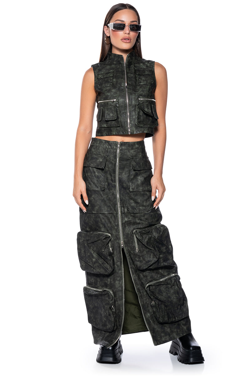 Detail View Elisia Distressed Faux Leather Cargo Zip Top