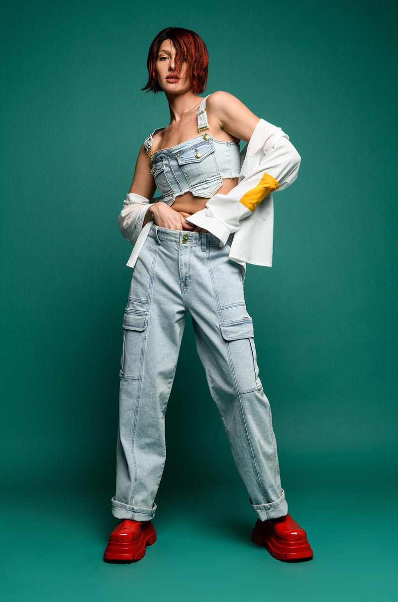 Front View Eliza Denim Cargo Pant