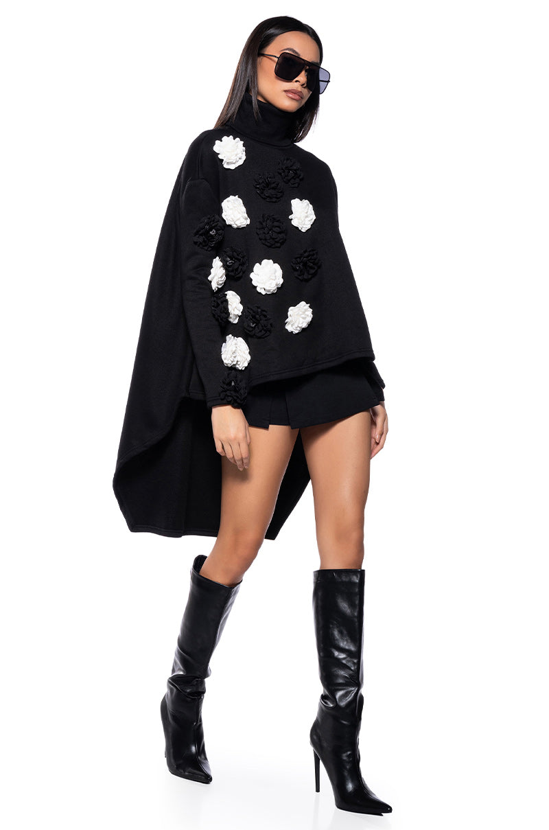 Front View Ella Flower Detail Pullover Turtleneck Sweatshirt 0
