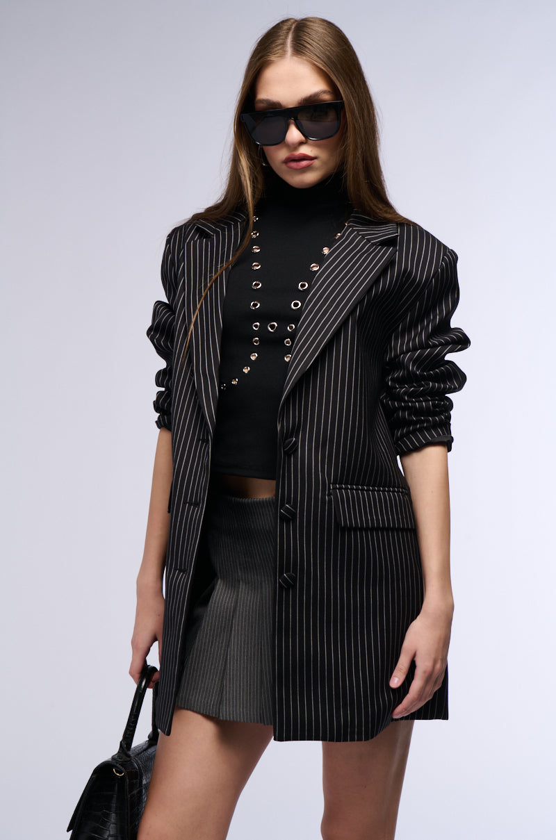 Side View Ella Oversized Pinstripe Longline Blazer