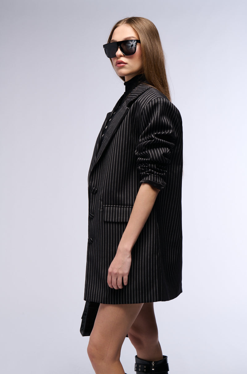 Back View Ella Oversized Pinstripe Longline Blazer