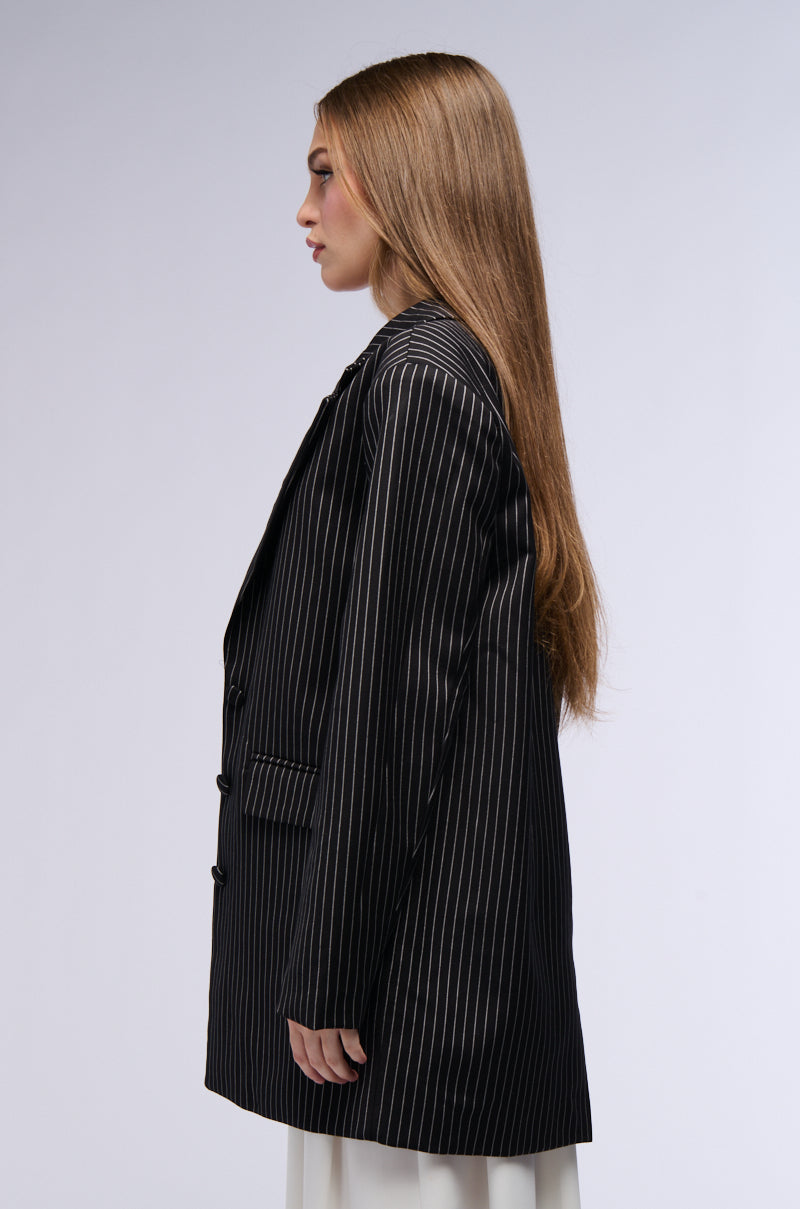 Detail View Ella Oversized Pinstripe Longline Blazer
