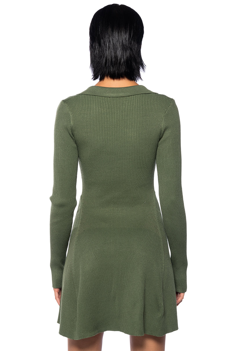 Detail View Ella Sweater Knit Collared Mini Dress In Olive Green