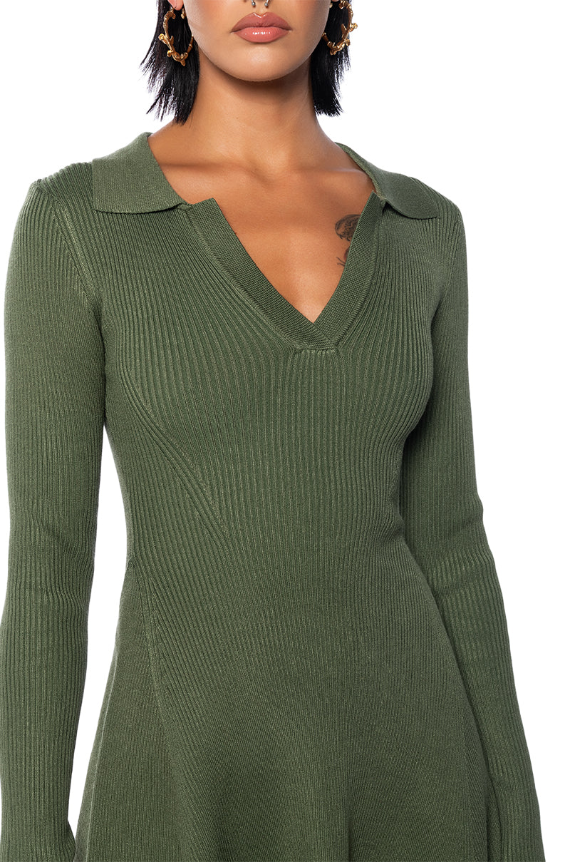Full View Ella Sweater Knit Collared Mini Dress In Olive Green