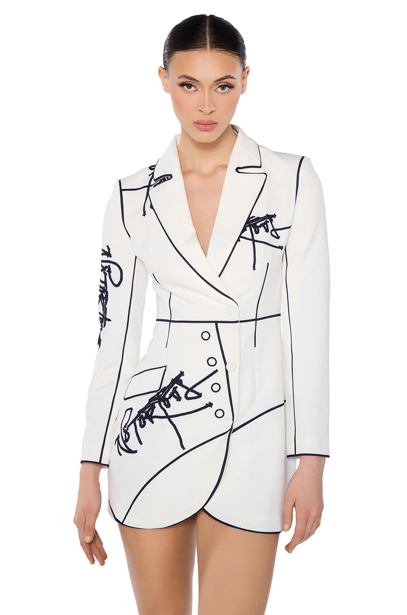 Front View Ellis Outlined Blazer Mini Dress In White