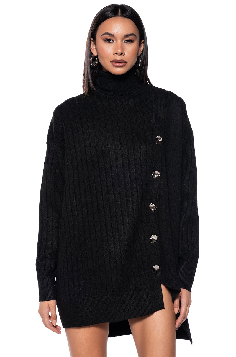 Front View Ellis Oversized Button Detail Open Side Sweater In Black
