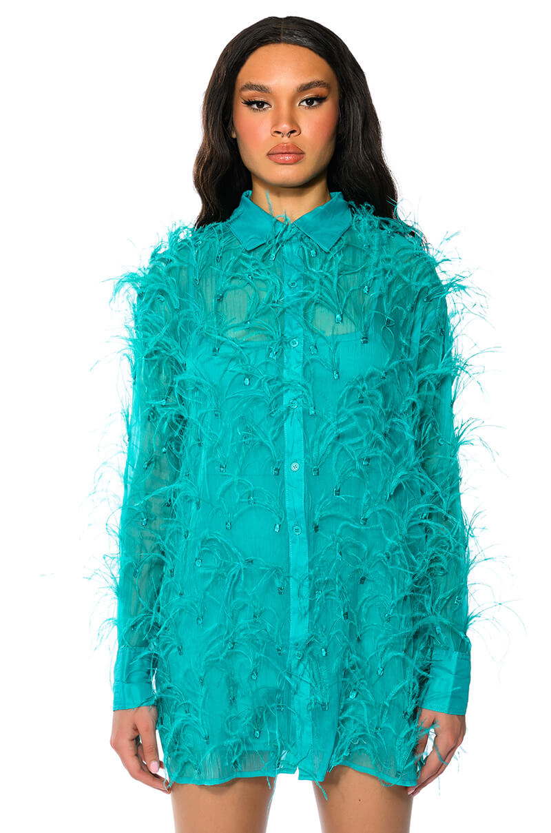 Front View Elsie Feather Detail Shirt Dress