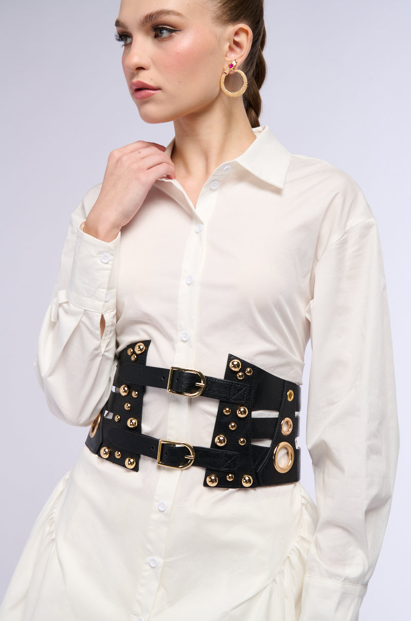 Front View Embellished Life Faux Leather Belt 0