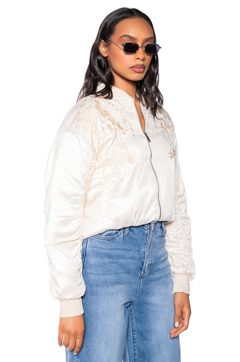 Side View Embroidered Monotone Oversize Bomber