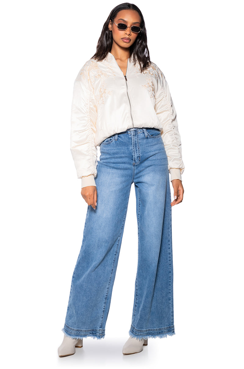 Back View Embroidered Monotone Oversize Bomber