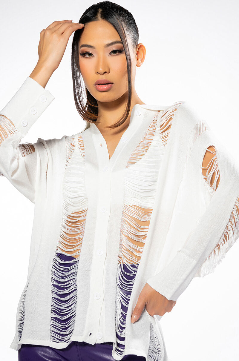 Front View Emerson Shredded Knit Button Down