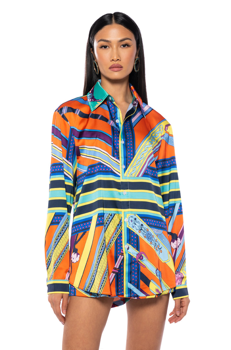 Front View Emina Satin Printed Button Down
