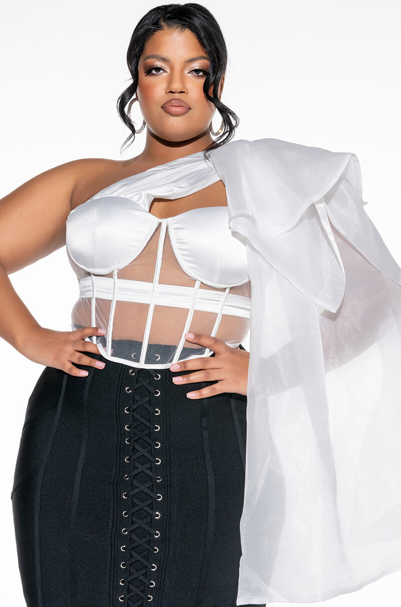 Front View Encore One Shoulder Mesh Panel Corset