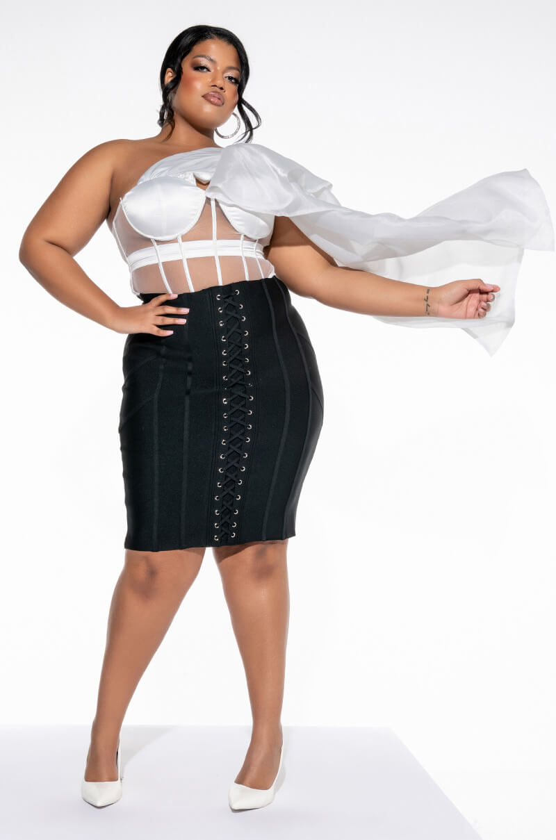 Side View Encore One Shoulder Mesh Panel Corset view 3