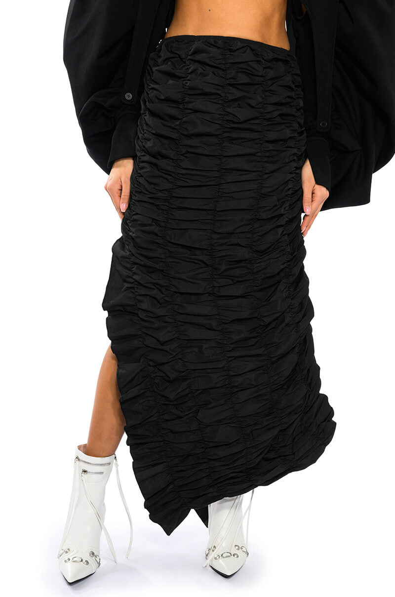 Front View Encore Scrunched Slit Maxi Skirt
