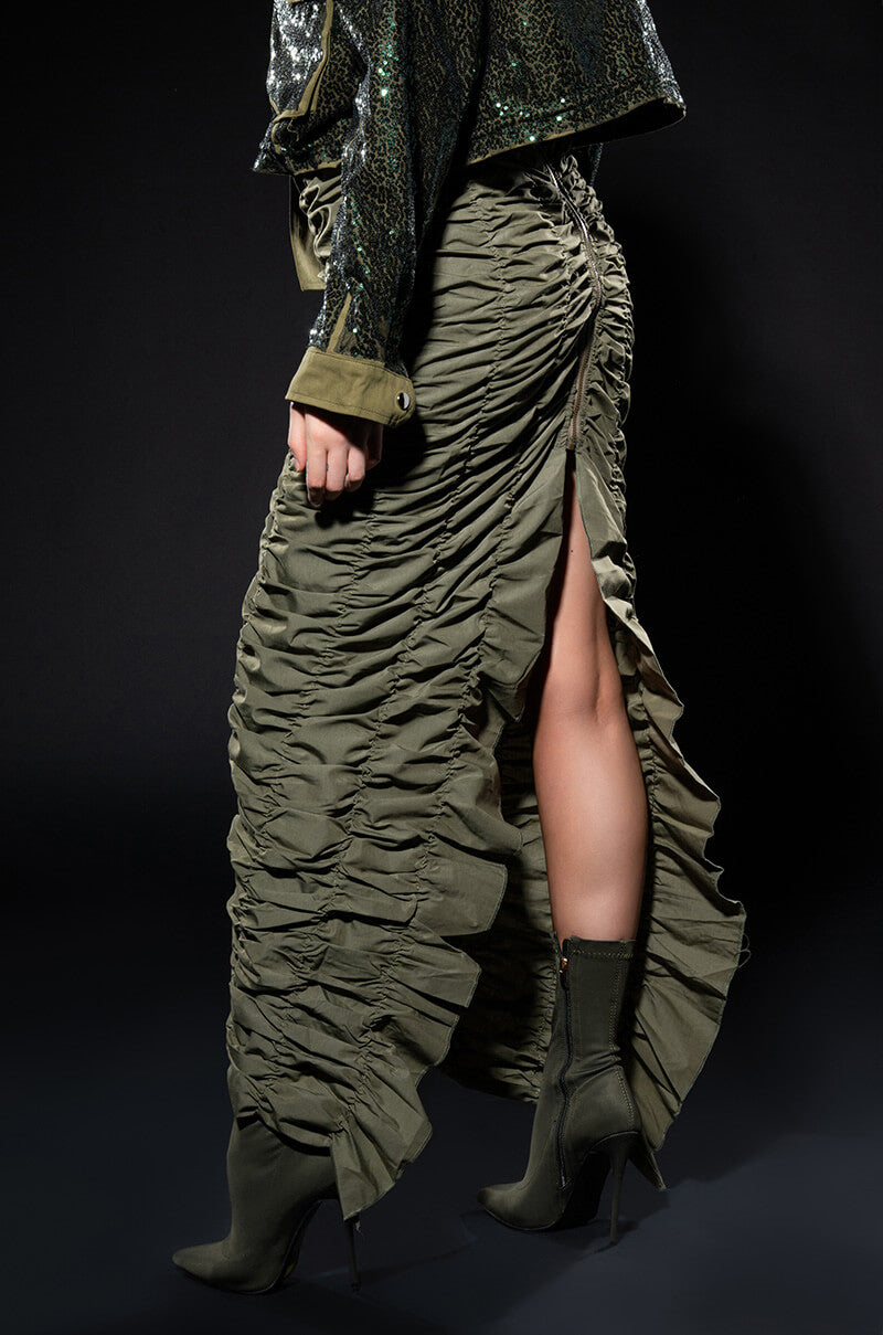 Front View Encore Scrunched Slit Maxi Skirt