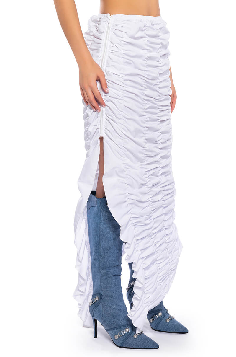 Front View Encore Scrunched Slit Maxi Skirt