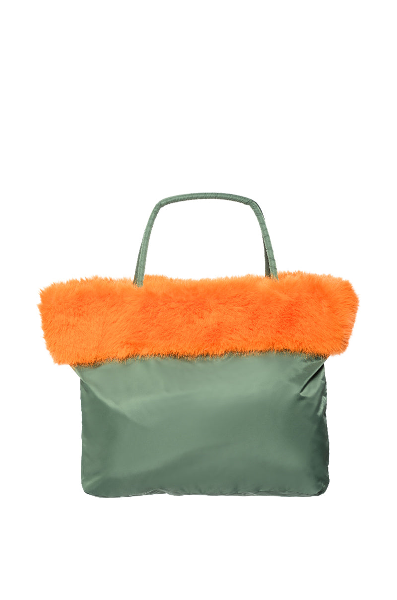 Side View Endless Faux Fur Bomber Duffle Bag