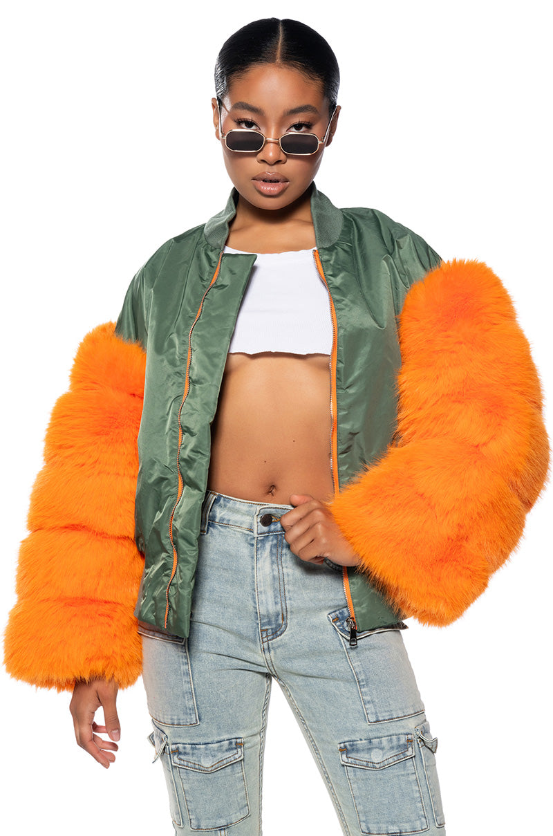 Front View Endless Faux Fur Sleeve Bomber Jacket 0