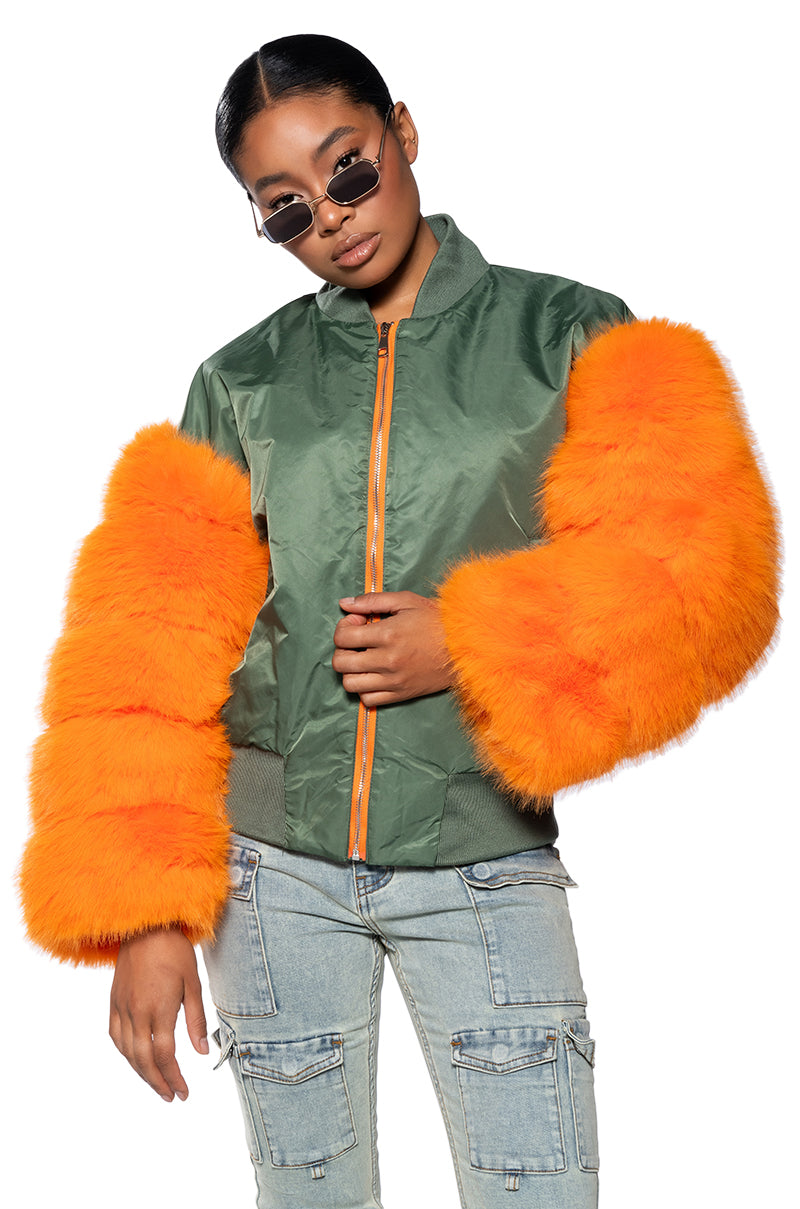Side View Endless Faux Fur Sleeve Bomber Jacket 1