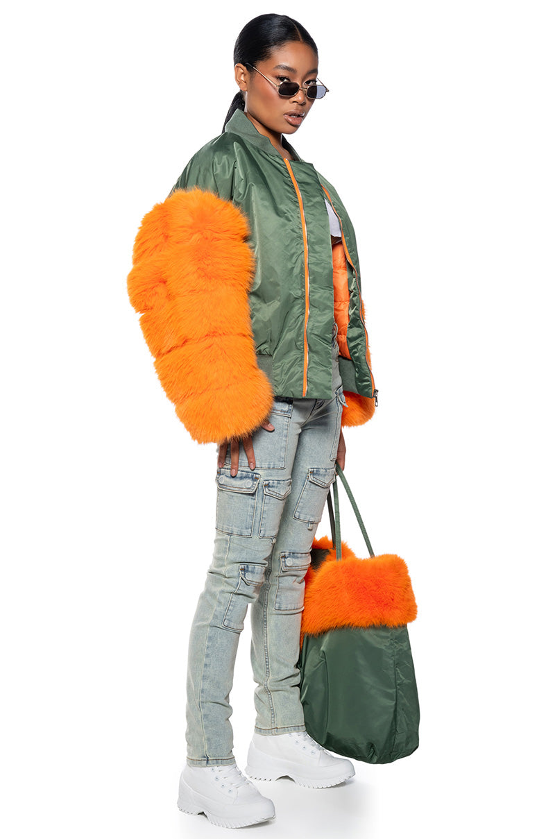 Back View Endless Faux Fur Sleeve Bomber Jacket 2
