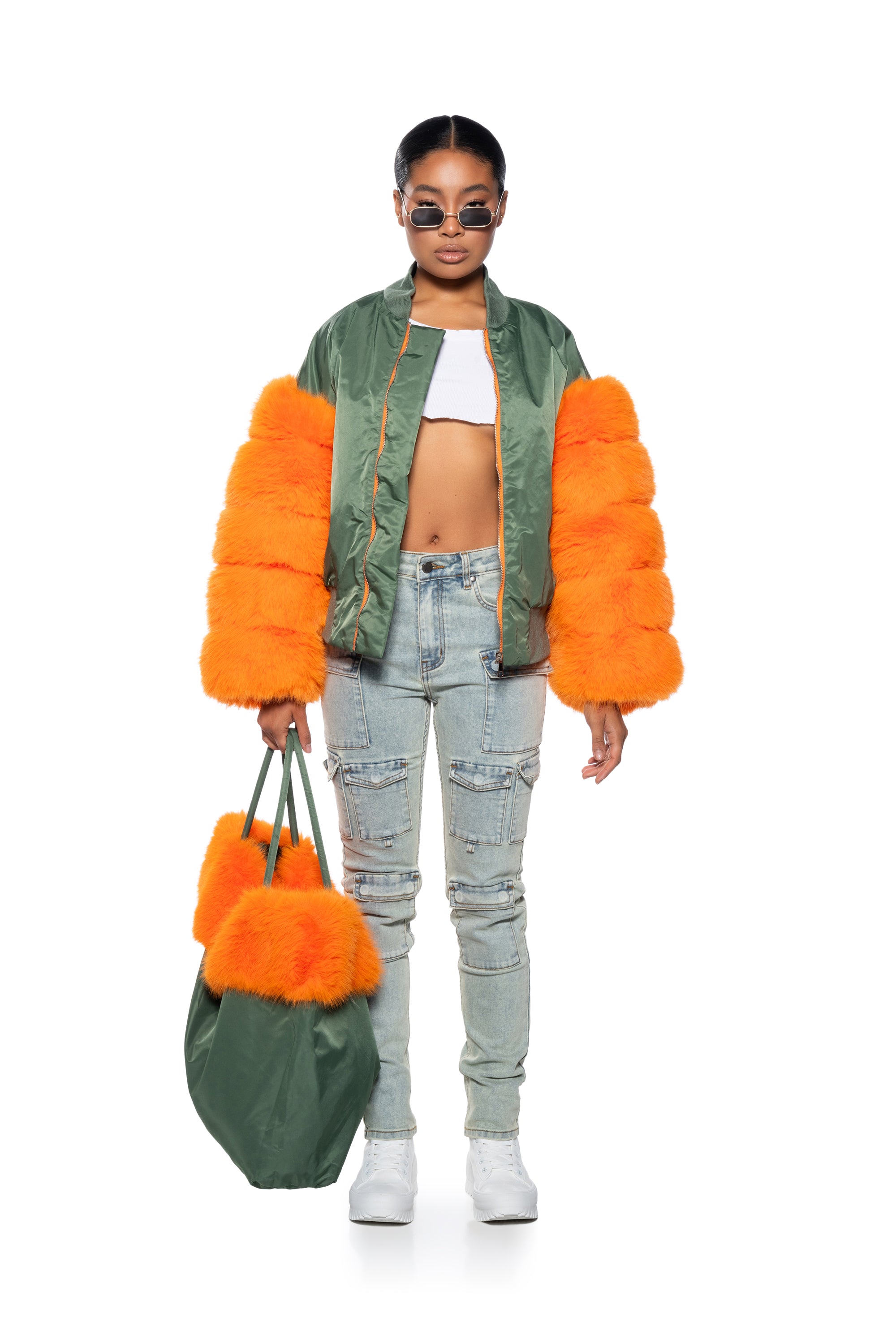 Extra View Endless Faux Fur Sleeve Bomber Jacket 6
