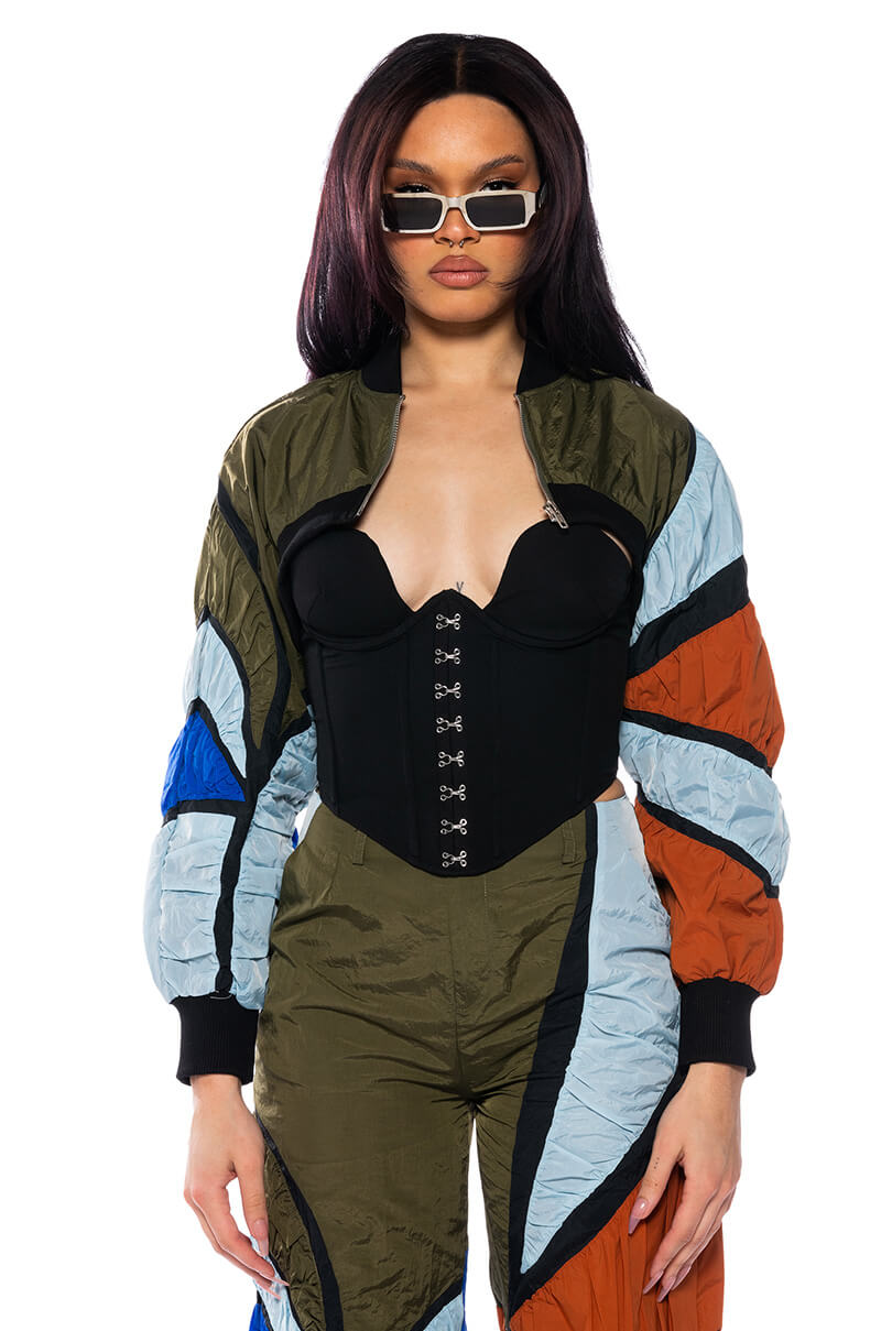 Front View Enjoy The Ride Multi Colored Crop Bomber