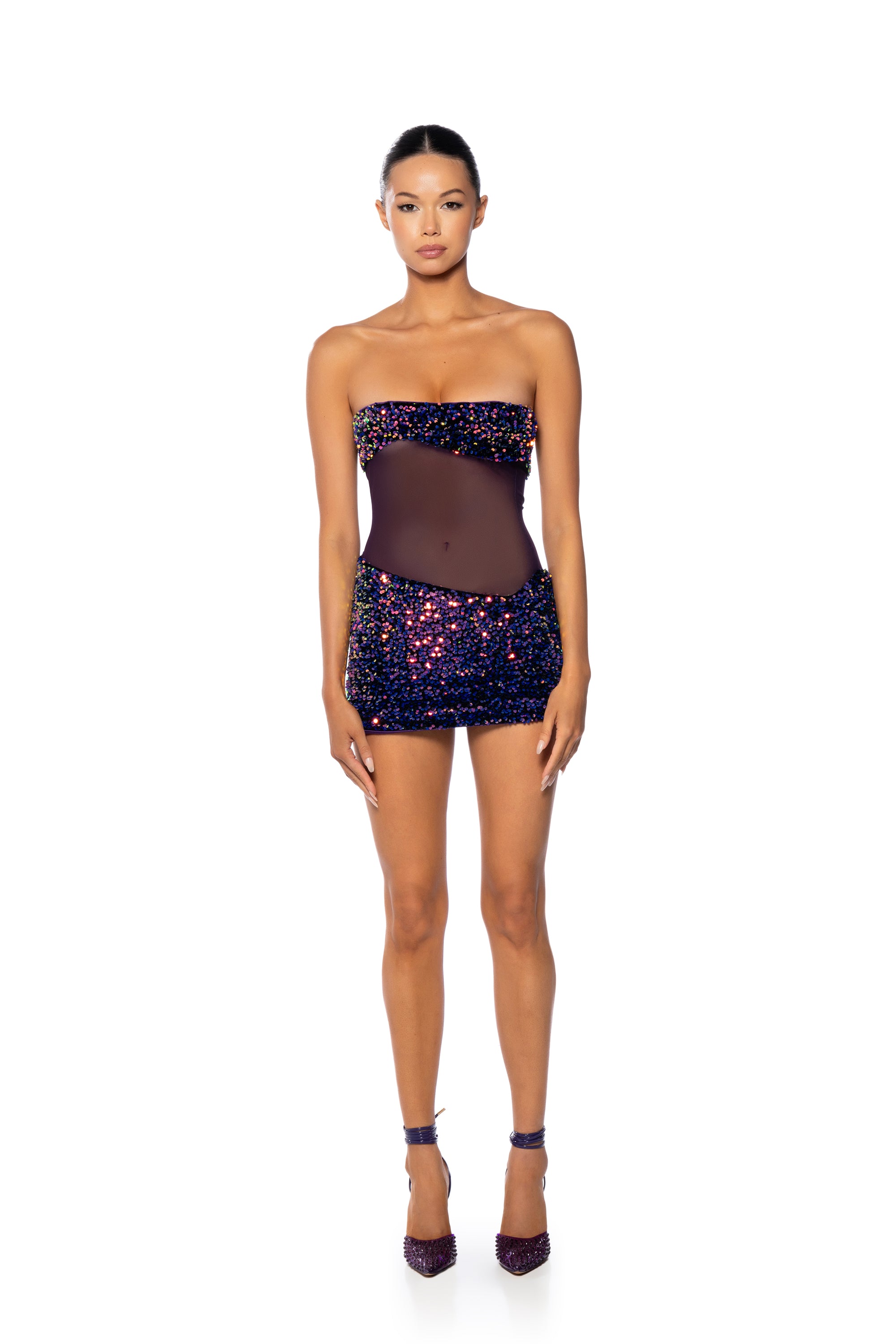 ENJOY THE VIEW MESH PANEL DRESS IN DARK PURPLE AKIRA ENJOY THE VIEW MESH PANEL DRESS IN DARK PURPLE AKIRA