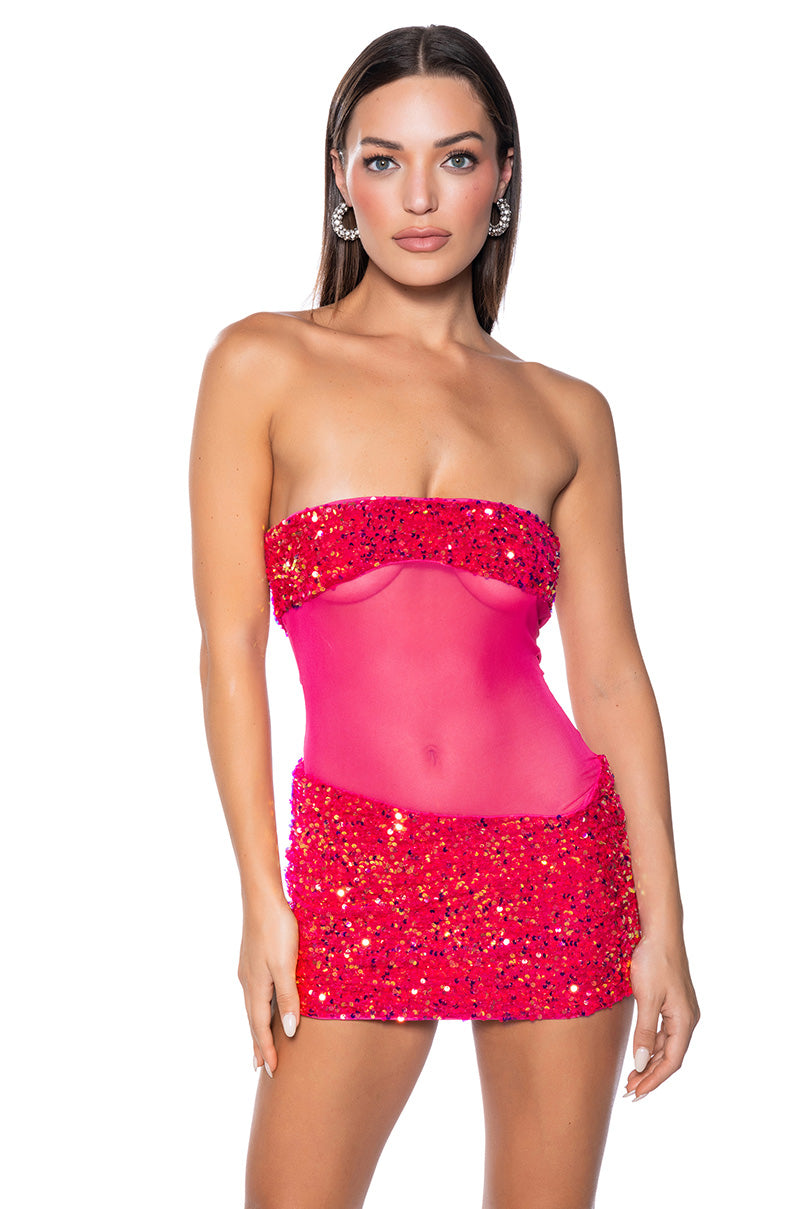 Front View Enjoy The View Mesh Panel Sequin Mini Dress In Pink