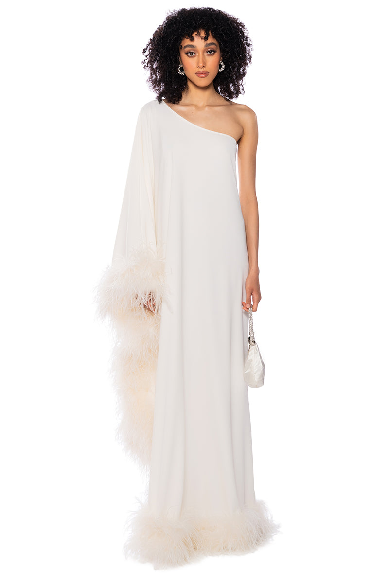 ELIZA ONE SHOULDER FEATHER MAXI AKIRA ELIZA ONE SHOULDER FEATHER MAXI AKIRA