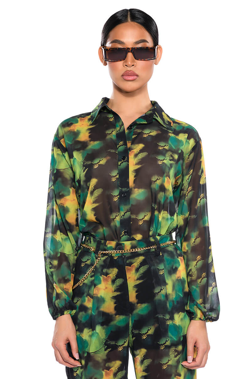 Front View Escape The Ordinary Printed Button Down Blouse