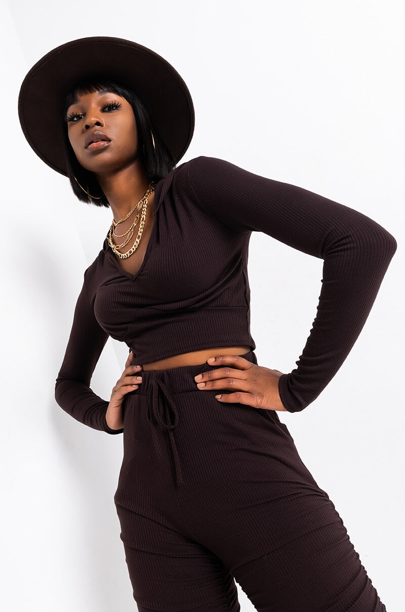 Front View Essential Af Ribbed Corset Hoodie in Brown